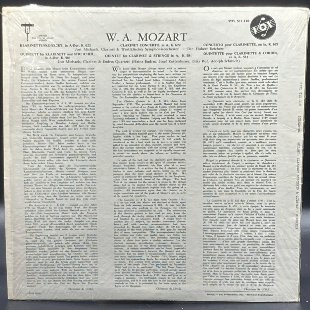 Mozart (Jost Michaels & Endres Quartett) - Clarinet Concerto, A Major/Quintet For Clarinet & Strings, A Major